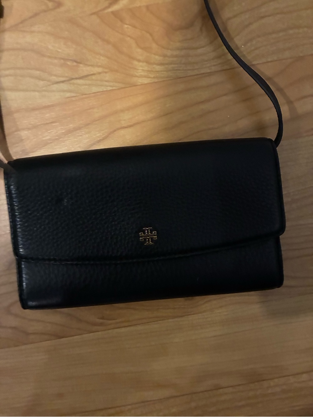 Tory Burch Black Pebbled Leather Crossbody Wallet with Gold Logo